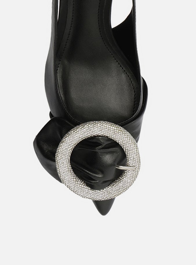 Scarpin Preto Couro Slingback Fivela Cristais