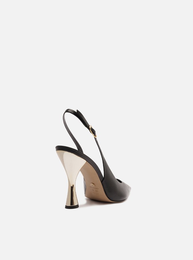 Scarpin Preto Couro Salto Alto Slingback