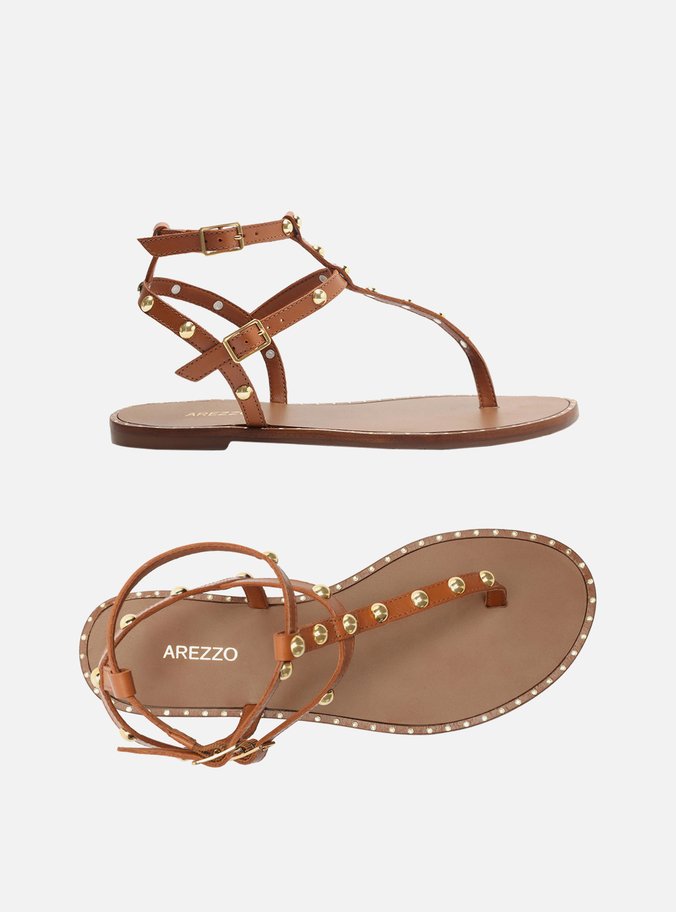 Rasteira Marrom Couro Slim Gladiadora Tachas