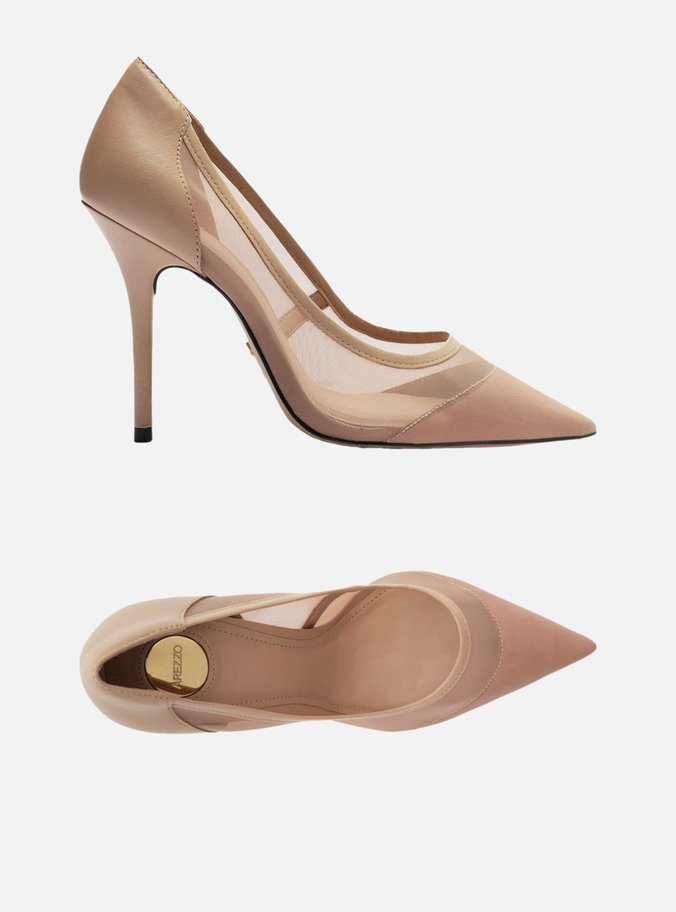 Scarpin Bege Tela Salto Fino Detalhe Couro