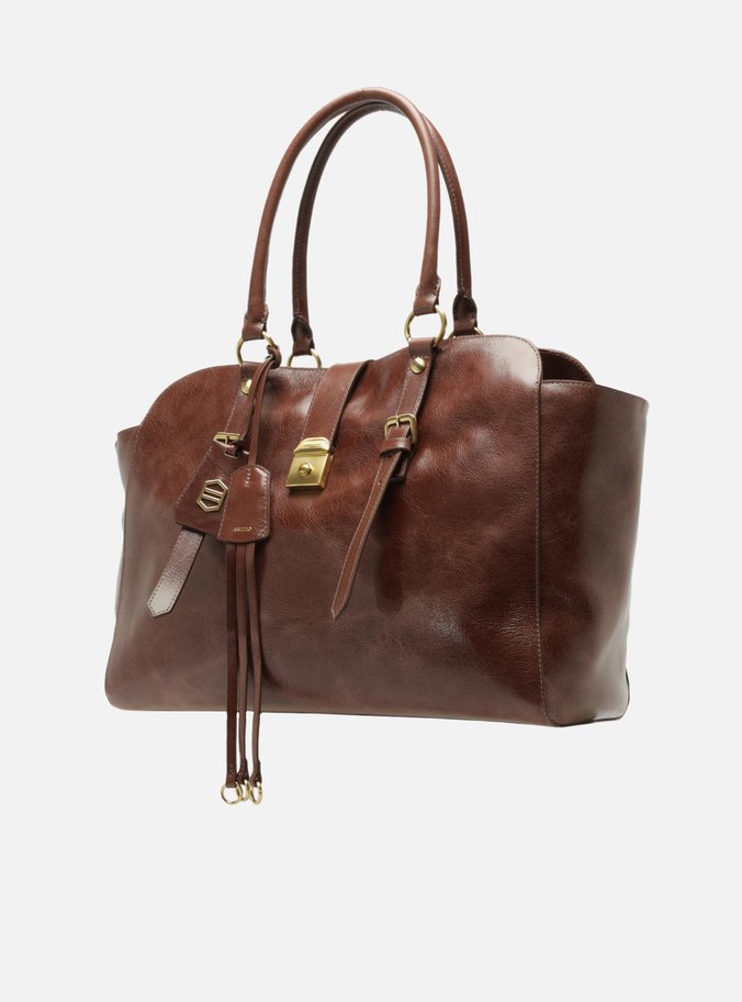 Bolsa Tote Marrom Couro Estonado Grande Metal