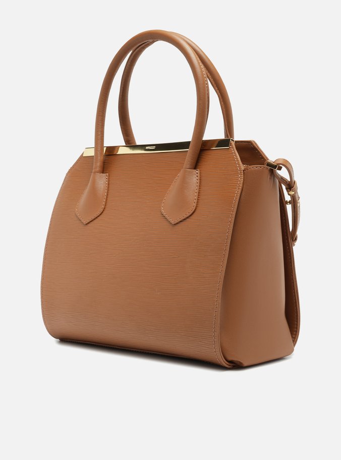 Bolsa Tote Marrom Couro Textura Grande Metal