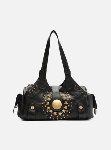 Bolsa Bowling Preta Couro Grande Metais Folk