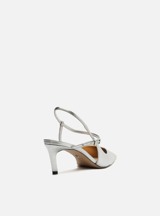 Scarpin Prateado Salto Médio Slingback Cruzado