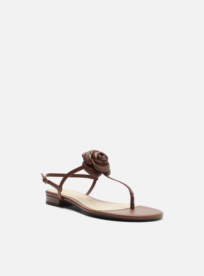 Sandália Marrom Couro Salto Baixo Slim Flor