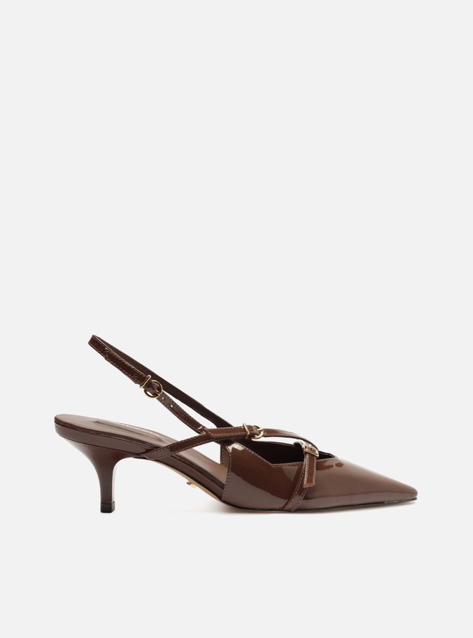 Scarpin Marrom Verniz Salto Médio Slingback Amélia