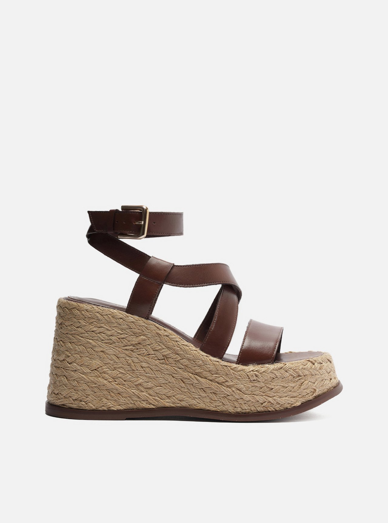 Sandalia Marrom Anabela Sandália Marrom Couro Salto Anabela Tiras