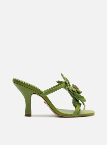 Sandália Verde Couro Salto Fino Flor