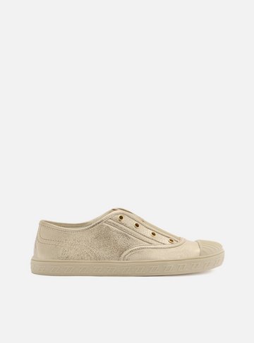 Tênis Slip On Dourado Couro Sola Baixa Elástico