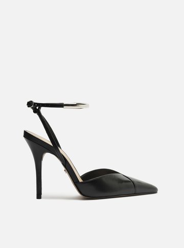 Scarpin Preto Couro Salto Alto Tira Metal