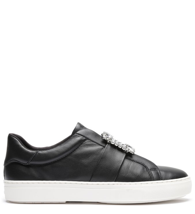 Tênis Slip On Preto Couro Sola Alta Fivela
