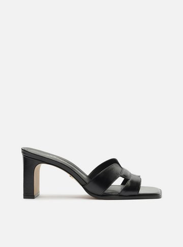 Mule Preto Couro Bloco Bico Quadrado