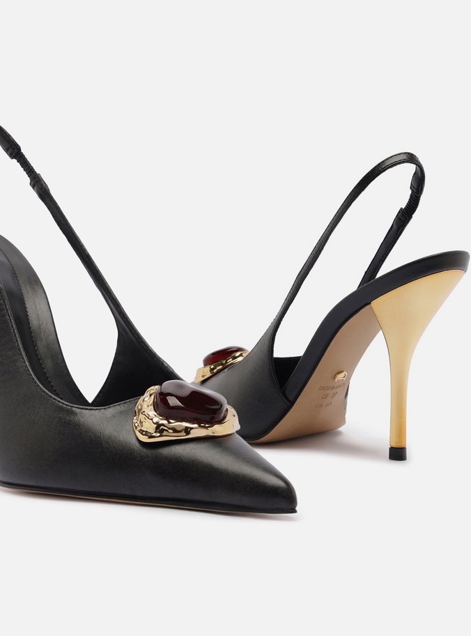Scarpin Preto Couro Salto Alto Slingback Pedraria