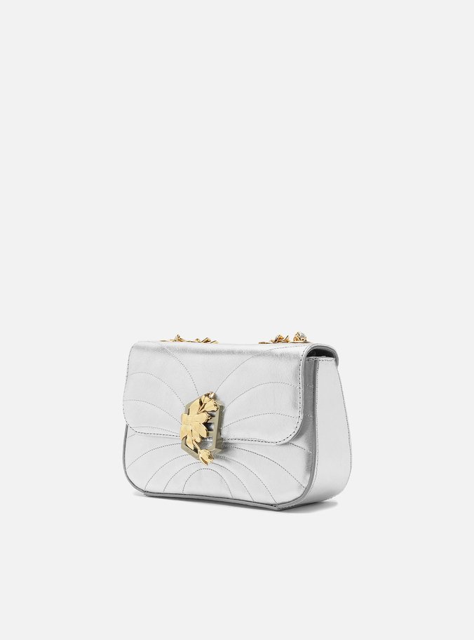 Bolsa Tiracolo Prata Couro Pequena Metal Flor