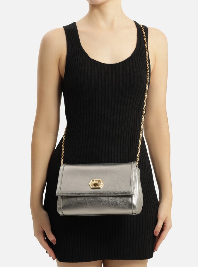 Bolsa Tiracolo Prata Couro Média Encaixe Metal