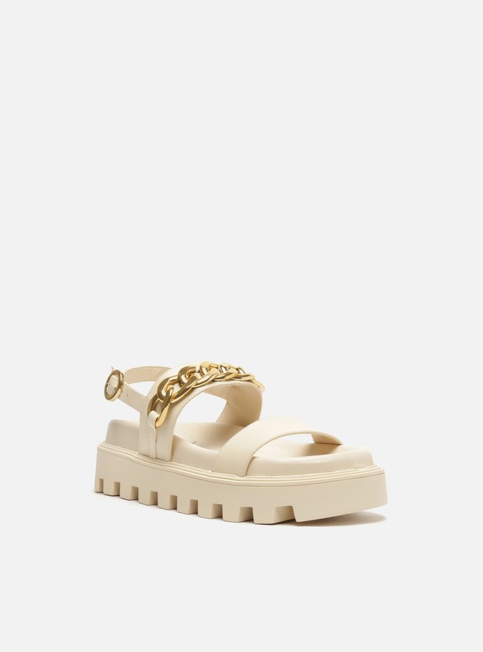 Sandália Off-White Couro Flatform Tratorada Corrente