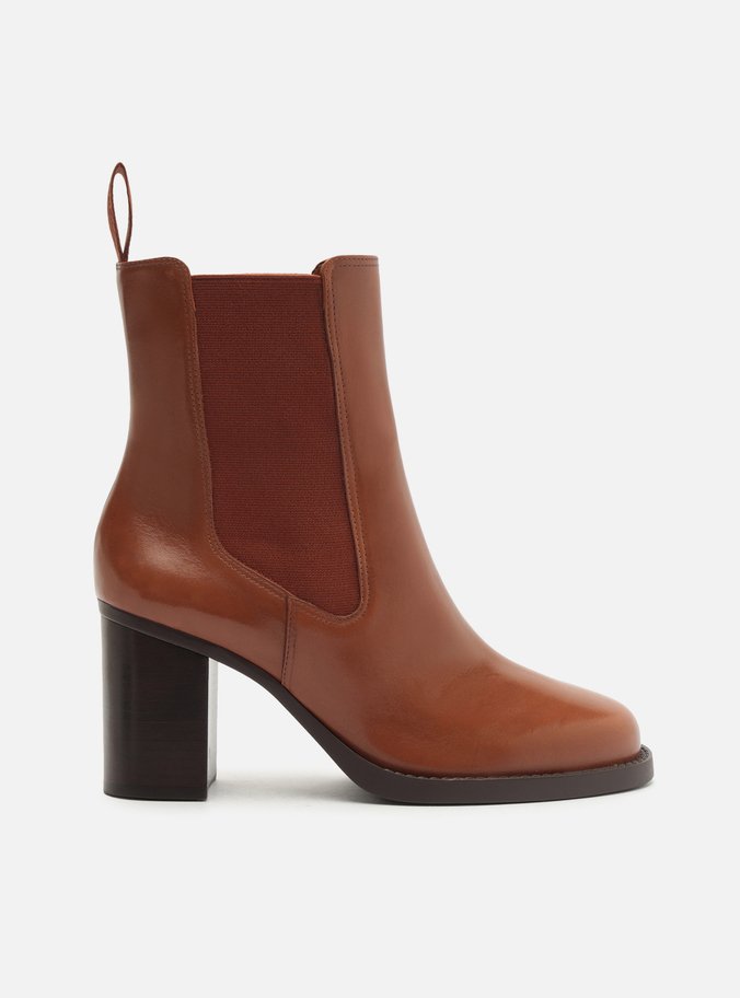 Bota Marrom Couro Cano Curto Salto Bloco