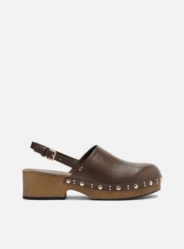Mule Clog Marrom Couro Salto Médio Tira