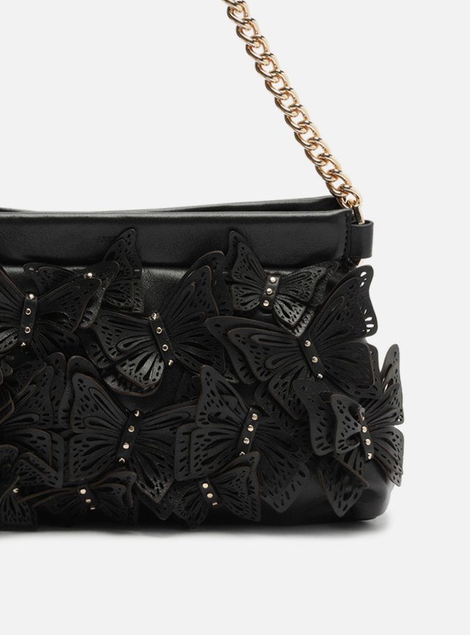 Clutch Preta Couro Pequena Borboletas