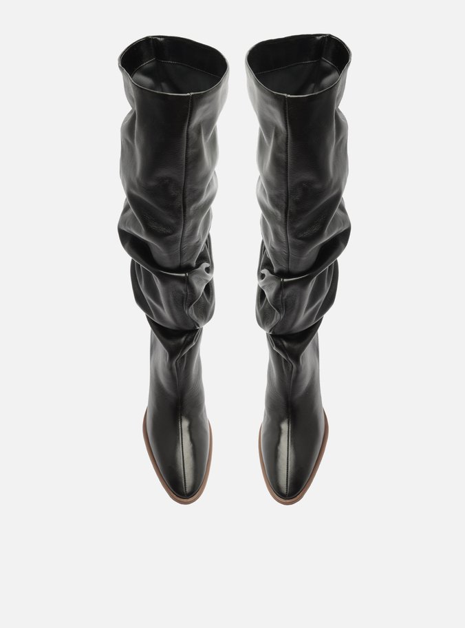 Bota Preta Couro Cano Alto Salto Alto