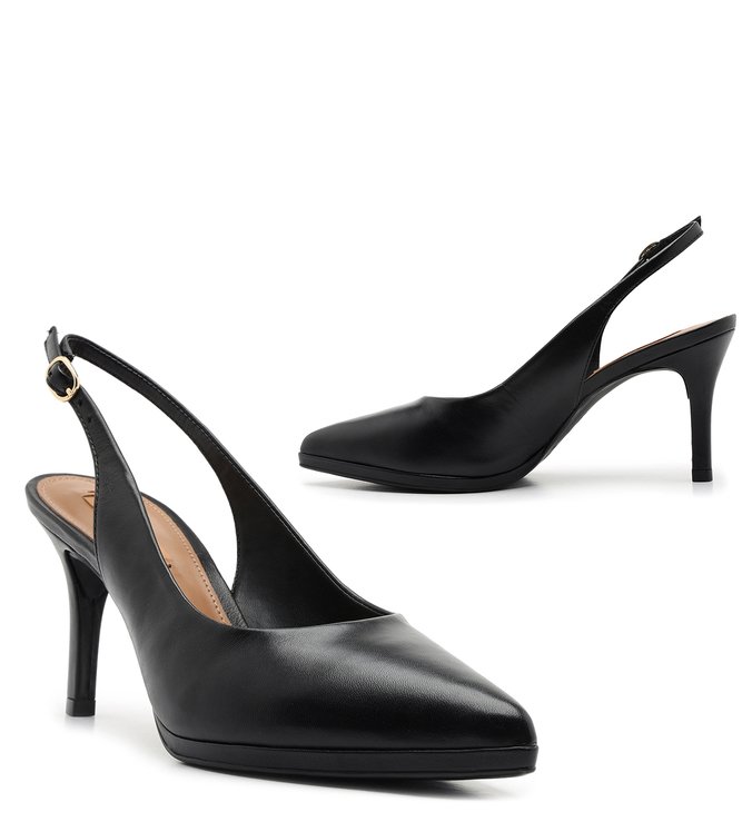 Scarpin Preto Couro Salto Alto Slingback