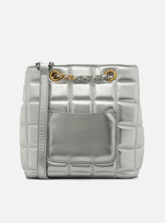 Bolsa Bucket Prata Couro Média Bolso Coração