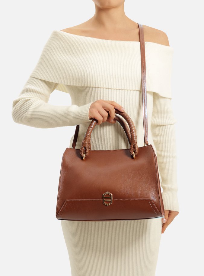 Bolsa Tote Marrom Couro Média Metal Geométrico