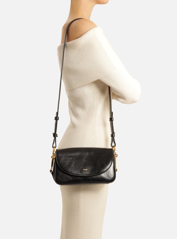 Bolsa Tiracolo Preta Couro Pequena Metais Alça