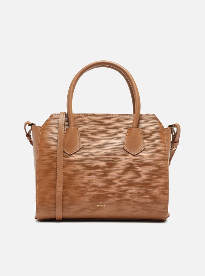 Bolsa Tote Marrom Couro Textura Grande Metal
