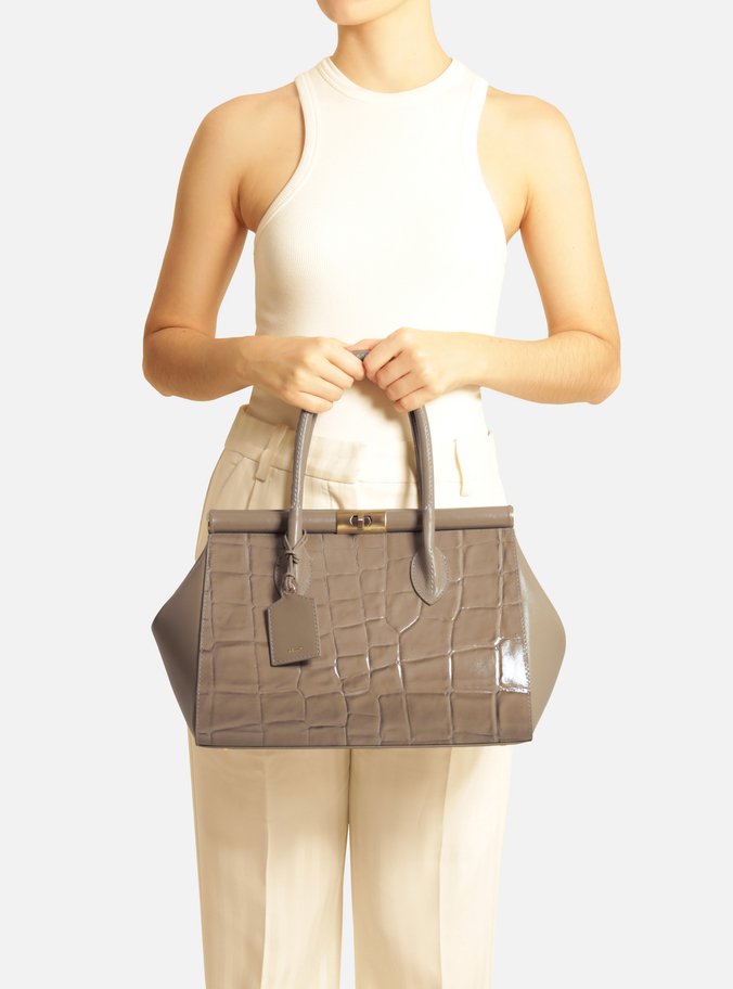 Bolsa Tote Cinza Couro Maxi Croco Grande