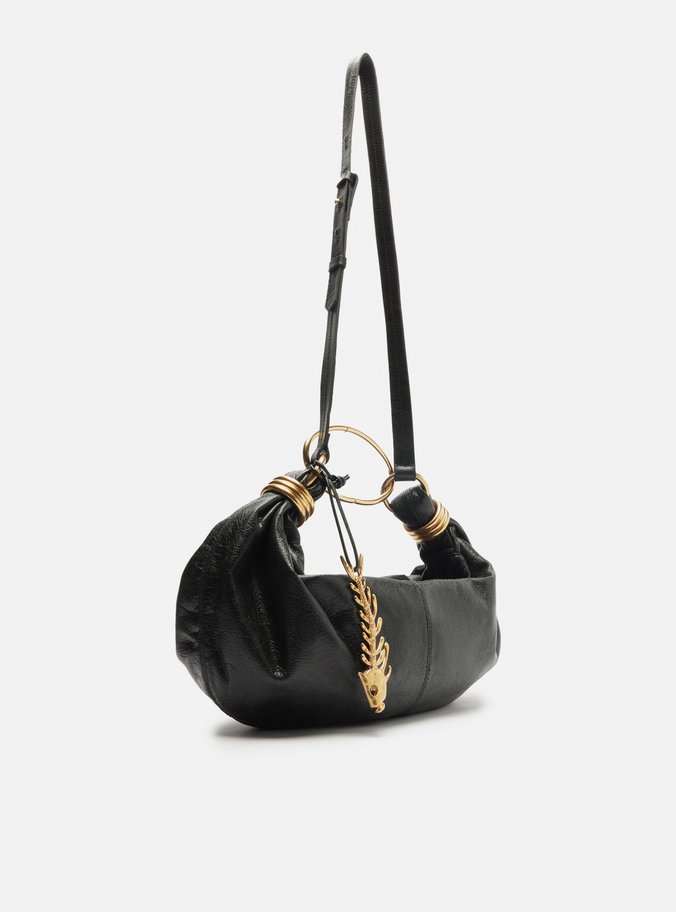 Bolsa Tiracolo Preta Couro Média Metais