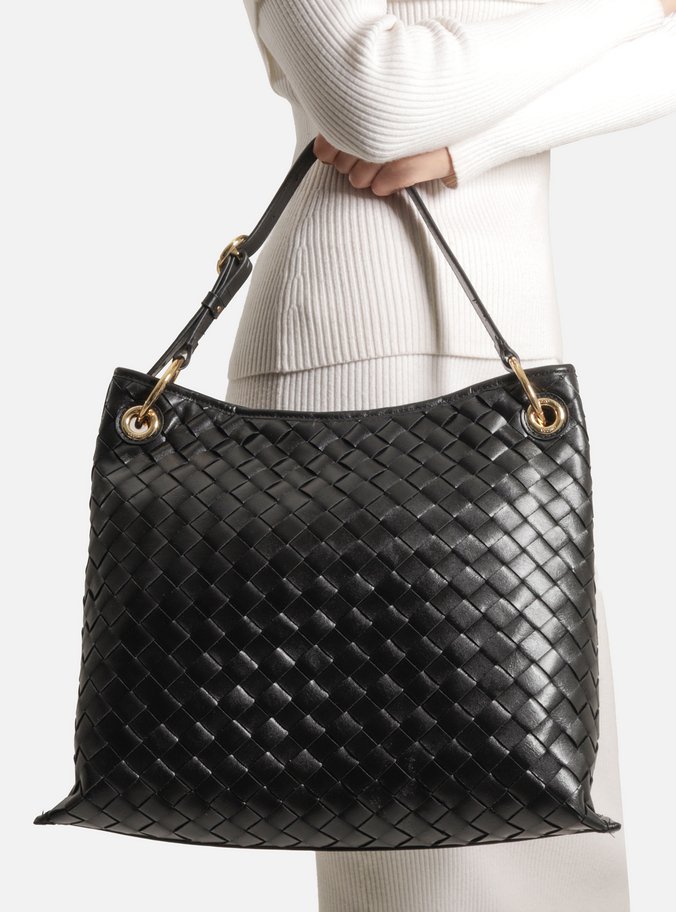 Bolsa Hobo Preta Couro Grande Tressê