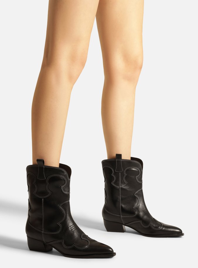 Bota Preta Couro Cano Curto Western Folk