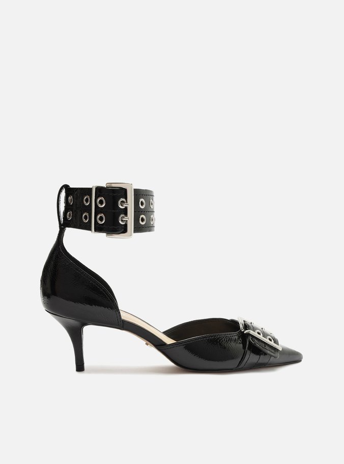 Scarpin Preto Verniz Ankle Strap Fivelas
