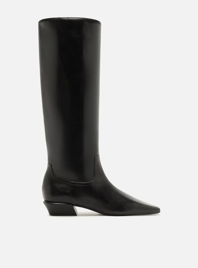 Bota Preta Couro Cano Longo Salto Bloco