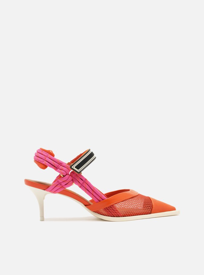 Scarpin Laranja Tela Salto Baixo Slingback Cordão