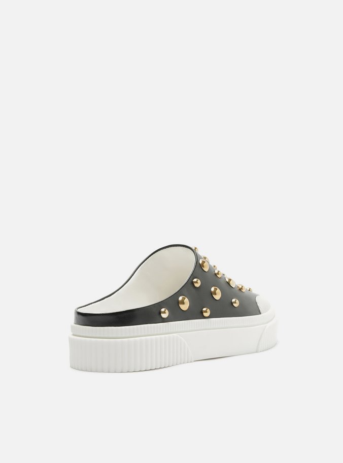 Tênis Mule Slip On Preto Couro Studs Miley