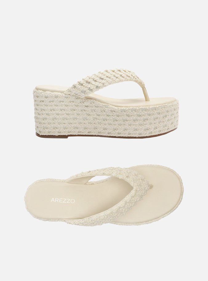 Tamanco Branca Tecido Crochê Flatform Flip Flop