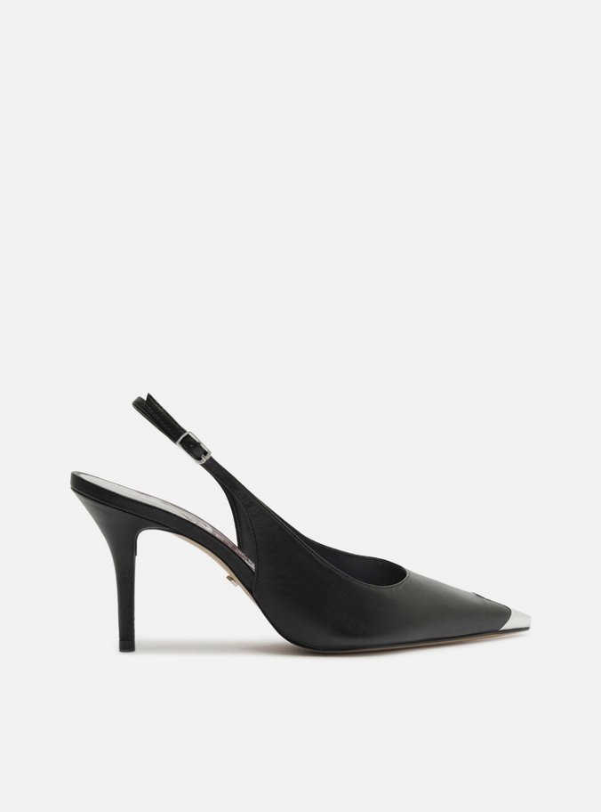 Scarpin Preto Couro Slingback Cap Toe Metal