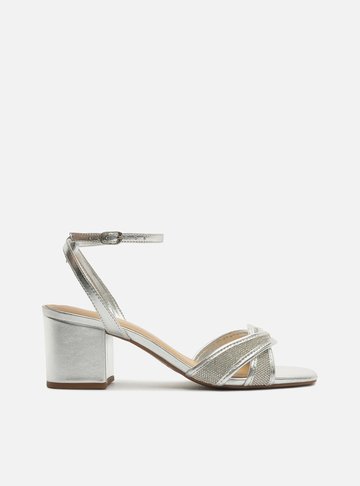 Sandália Prata Salto Bloco Strass Enlace