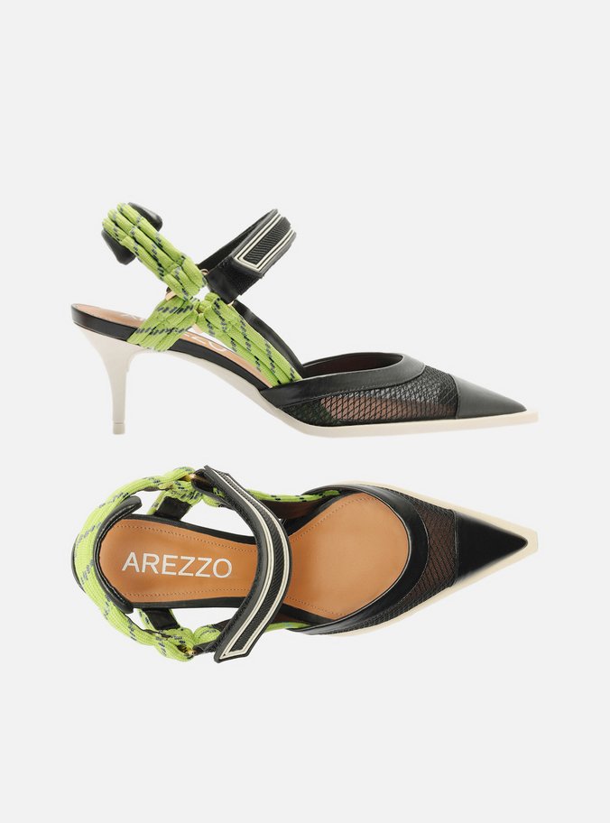 Scarpin Preto Tela Salto Baixo Slingback Cordão