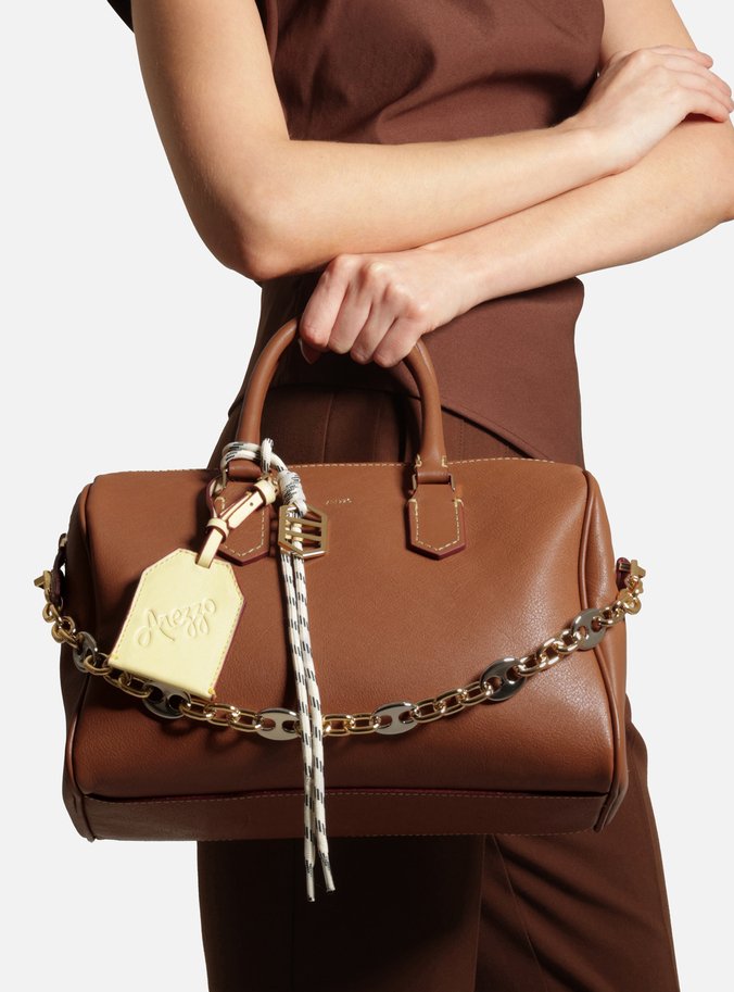 Bolsa Bowling Marrom Couro Média Alça Corrente