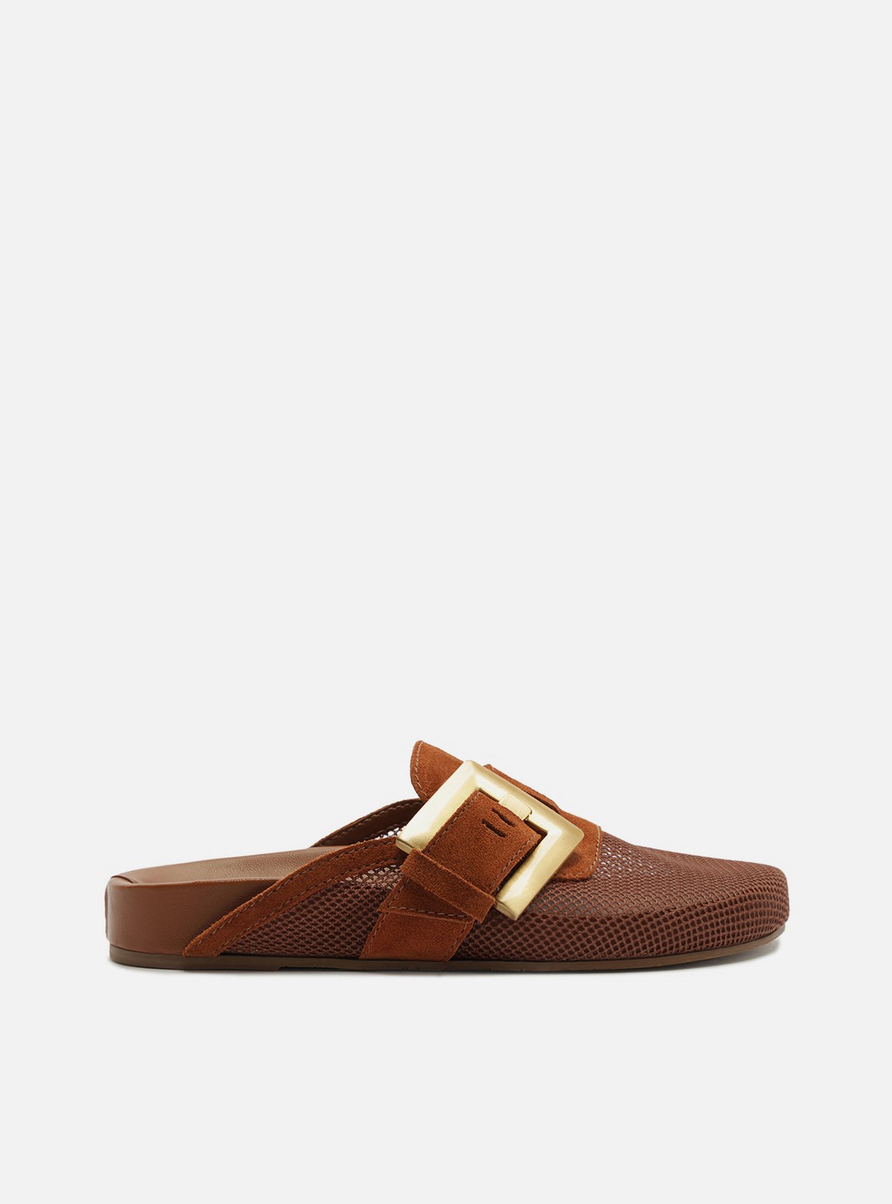 Mule Clog Marrom Tela Fivela — foto 1