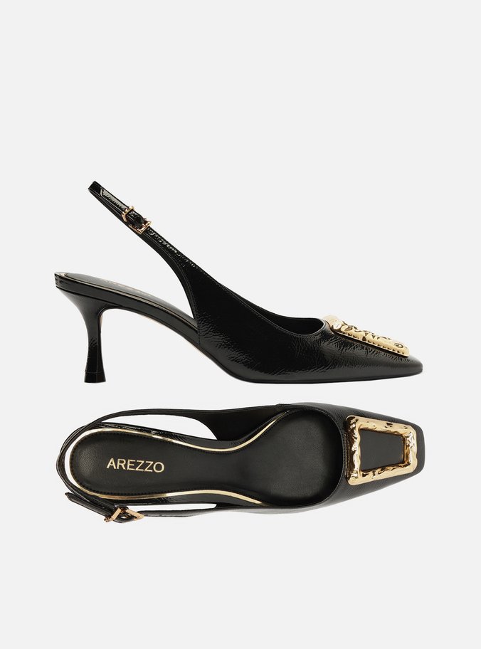 Scarpin Preto Slingback Salto Médio Verniz