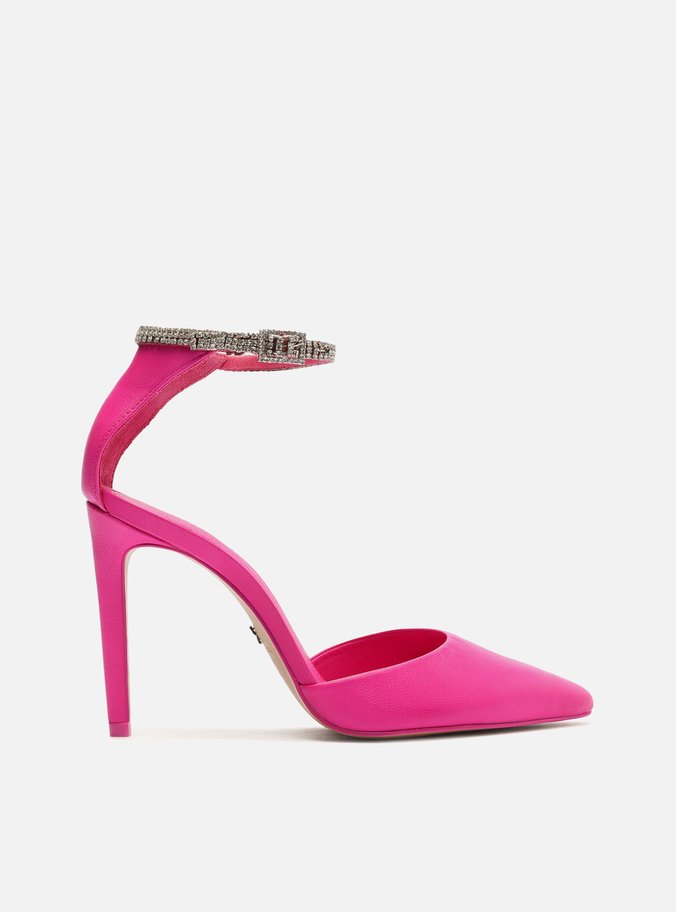 Scarpin Rosa Couro Salto Alto Fino Strass 