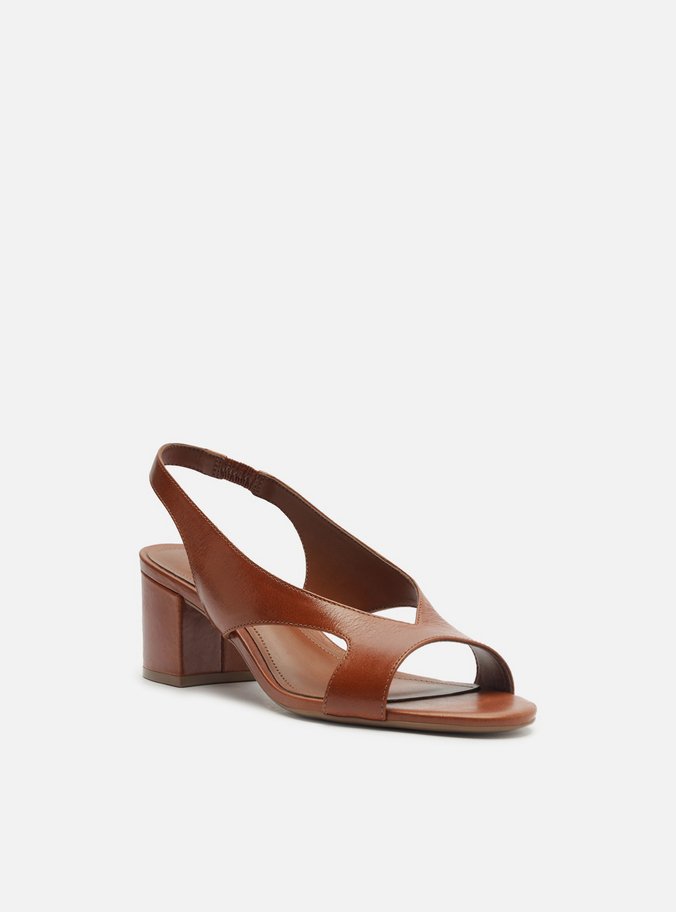 Sandália Marrom Couro Bloco Tira Larga Slingback