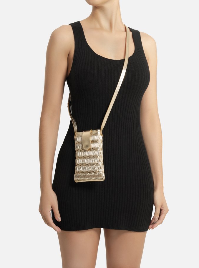 Mini Bag Dourada Couro Porta-Celular Trama Curvada