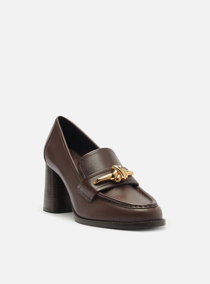 Loafer Marrom Couro Salto Bloco Metal Nó