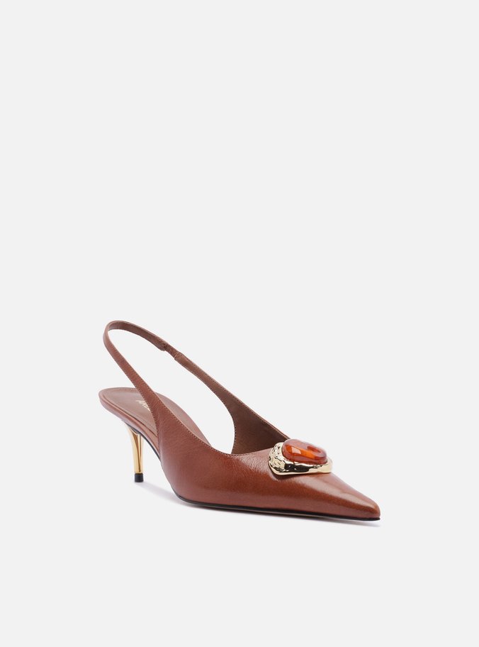 Scarpin Marrom Couro Salto Baixo Slingback Pedraria