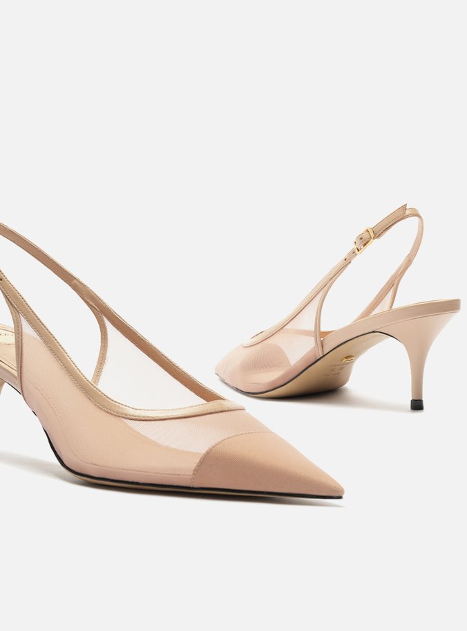 Scarpin Bege Tela Salto Kitten Slingback